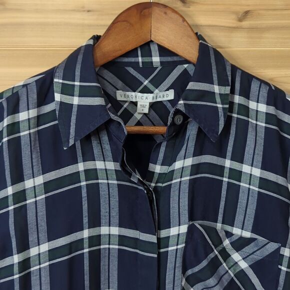 Veronica Beard Blouse Womens 6 Blue & Green Plaid Button Up Shirt - Picture 2 of 11